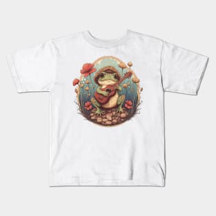 Cottagecore aesthetic cute frog playing ukelele on Mushroom Kids T-Shirt